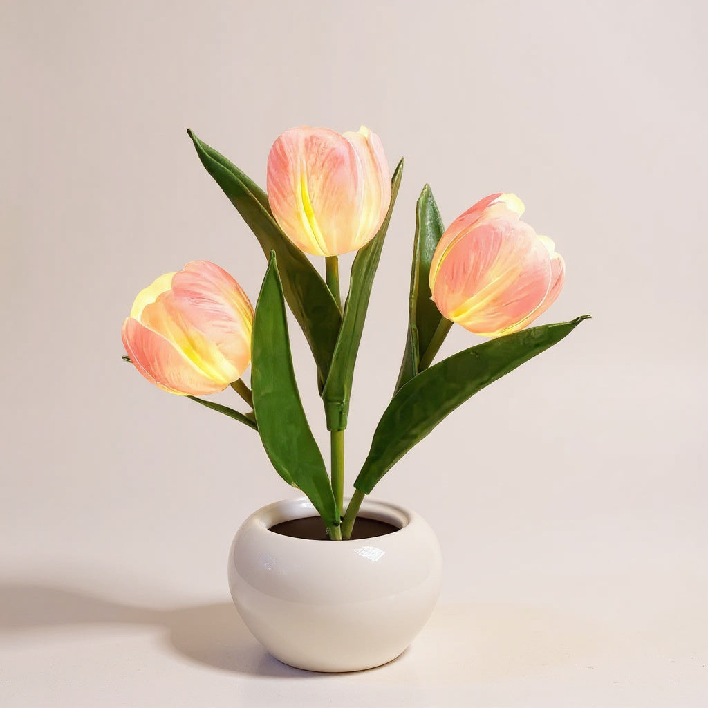 ceramic tulip vase lamp with three glowing stems studio