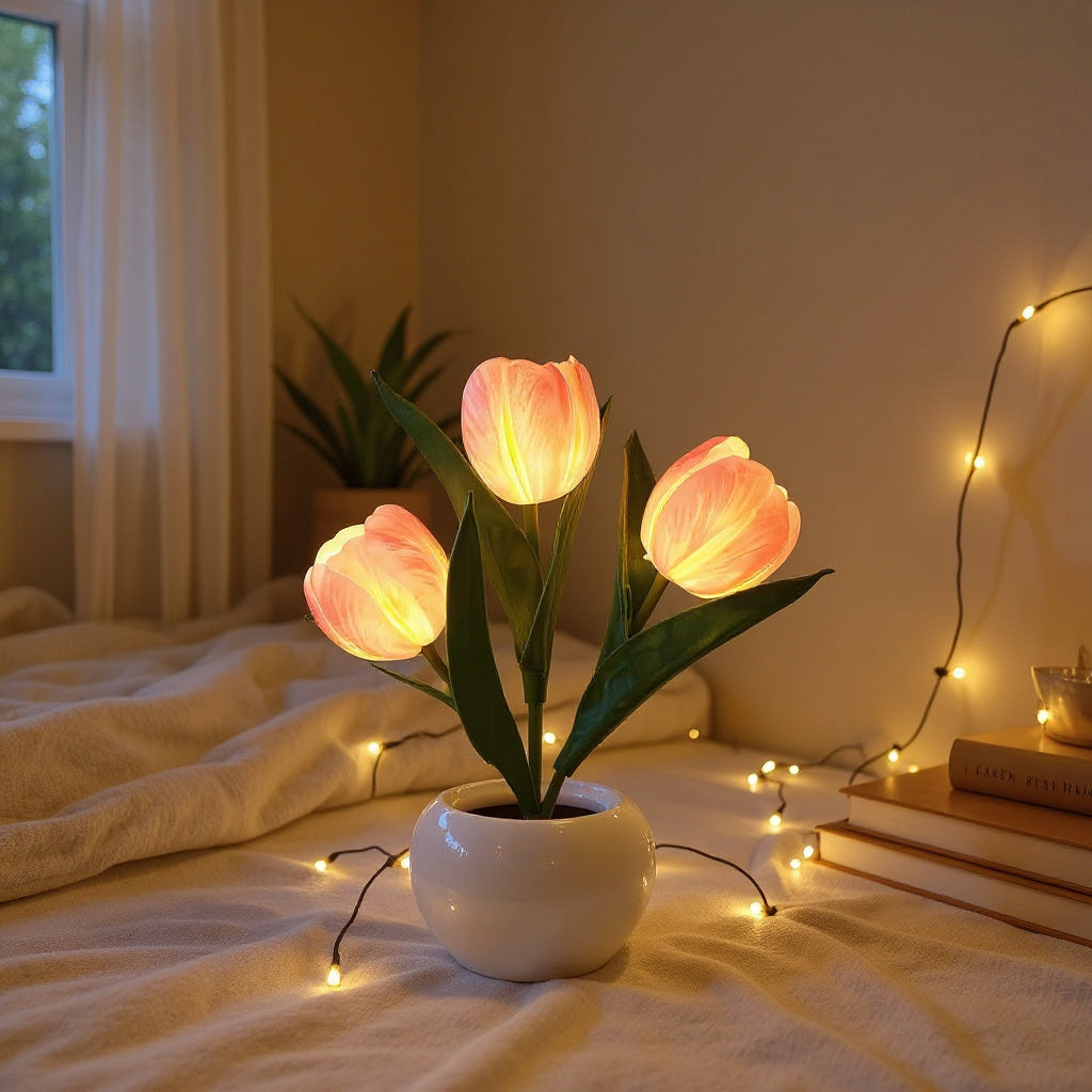 ceramic tulip vase lamp with three glowing stems lifestyle